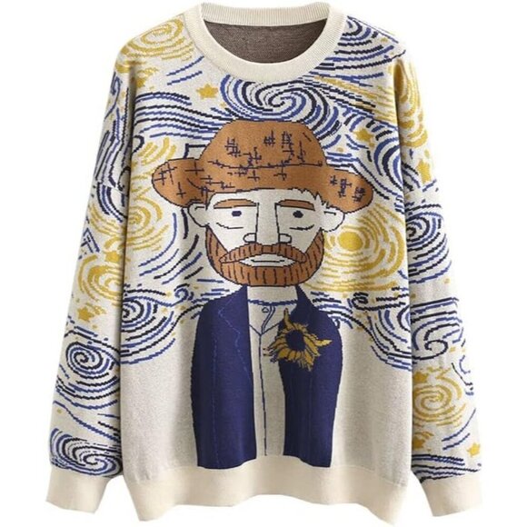 Sweaters - Women's Knit Crew Neck Sweater Long Sleeve Casual Van Gogh Cartoon Pullover